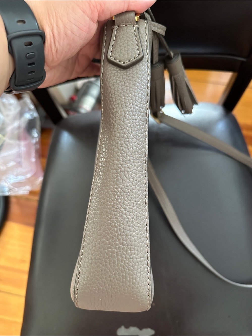 Tory Burch McGraw Pebbled Leather Crossbody with Tassel (Taupe) - Picture 6 of 14